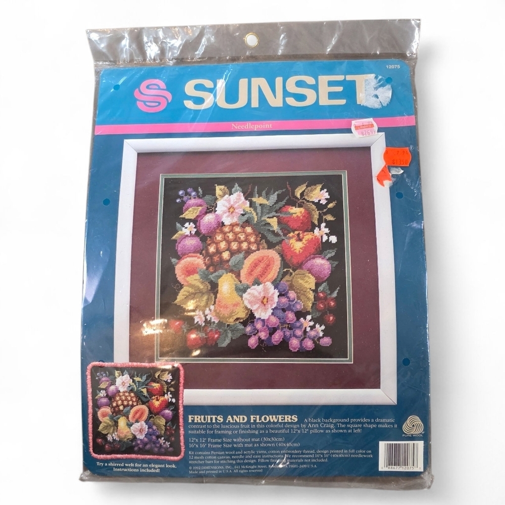 Vintage 1992 Sunset Needlepoint Kit Fruits and Flowers by Ann Craig New Sealed